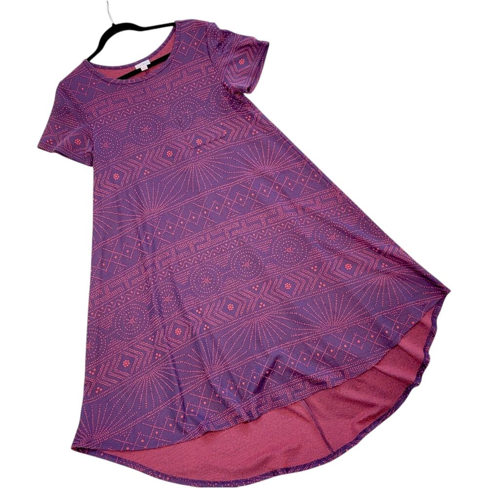 LuLaRoe Carly Small Jacquard Purple Pink Geometric High Low A-Line Swing Dress